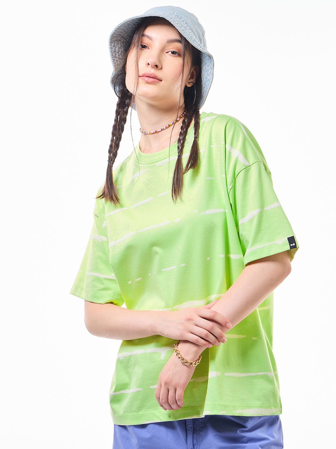 

Bewakoof Women Striped Round Neck Oversized T-shirt, Green