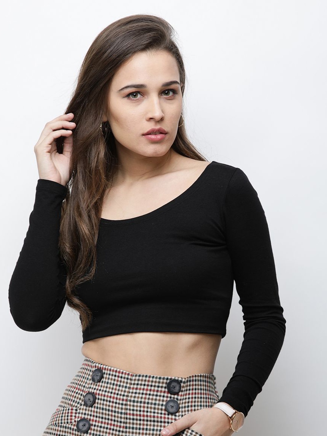 

MINOS Scoop Neck Solid Cotton Crop Fitted Top, Black