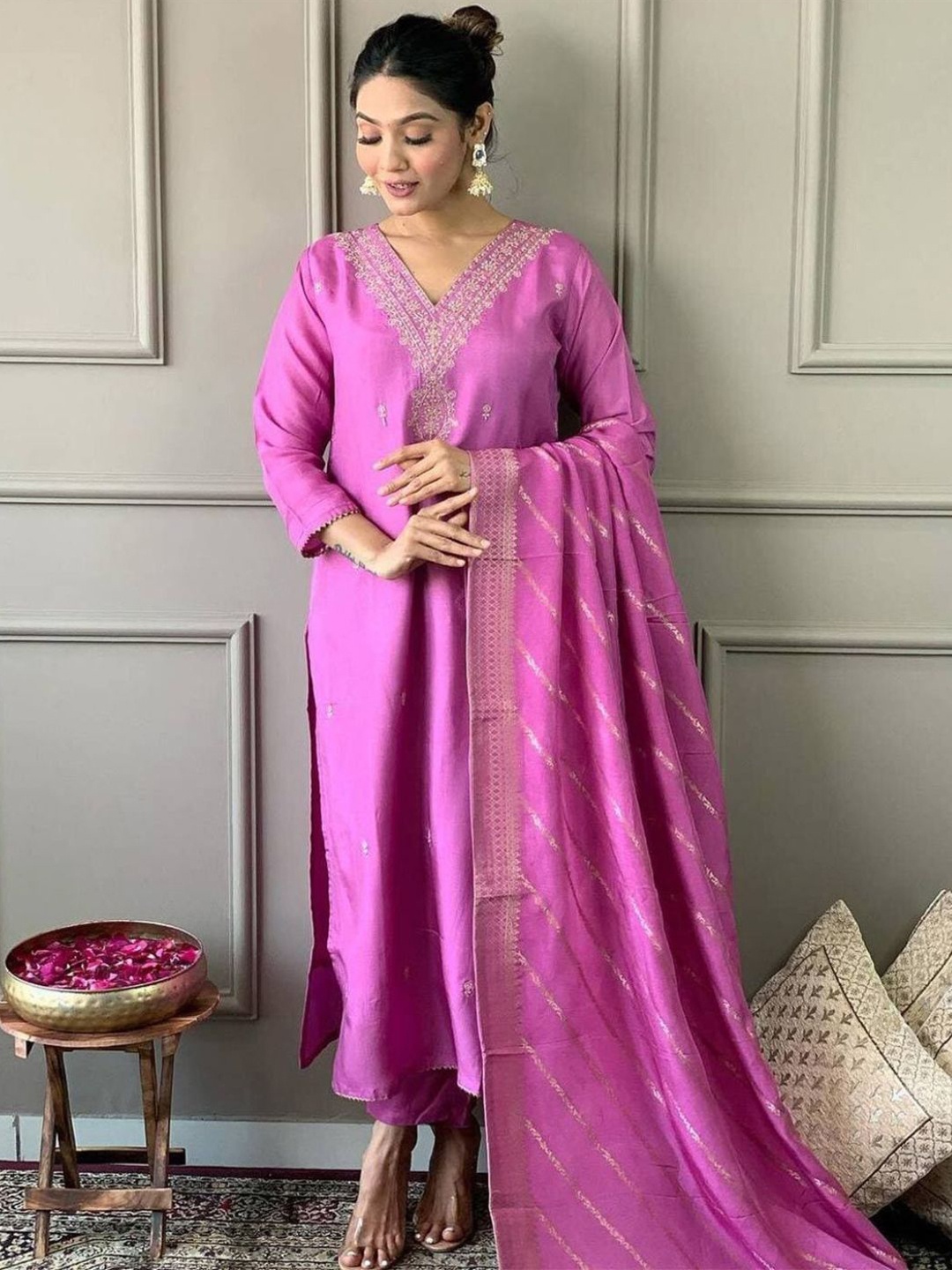 

KALINI Women Floral Embroidered Regular Kurta with Trousers & With Dupatta, Pink