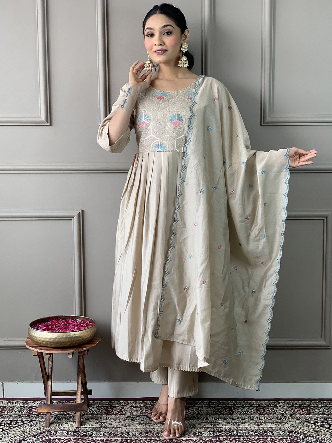 

KALINI Women Floral Embroidered Regular Kurta with Trousers & With Dupatta, Beige