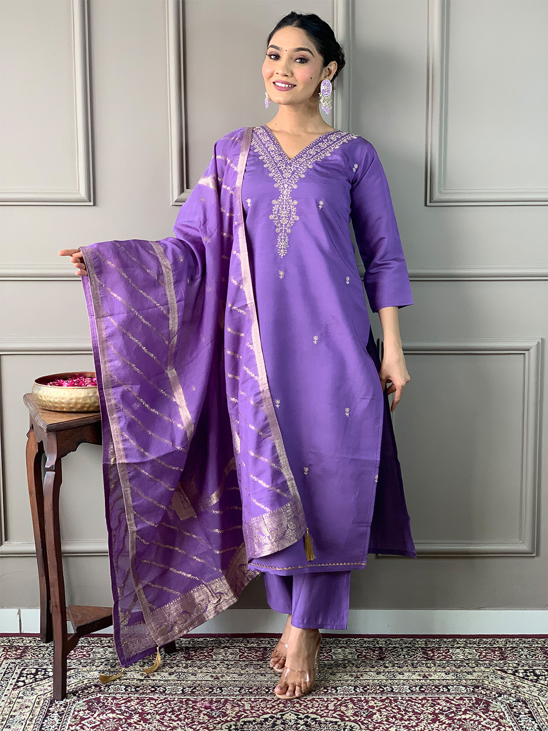 

KALINI Women Embroidered Regular Kurta with Trousers & With Dupatta, Lavender