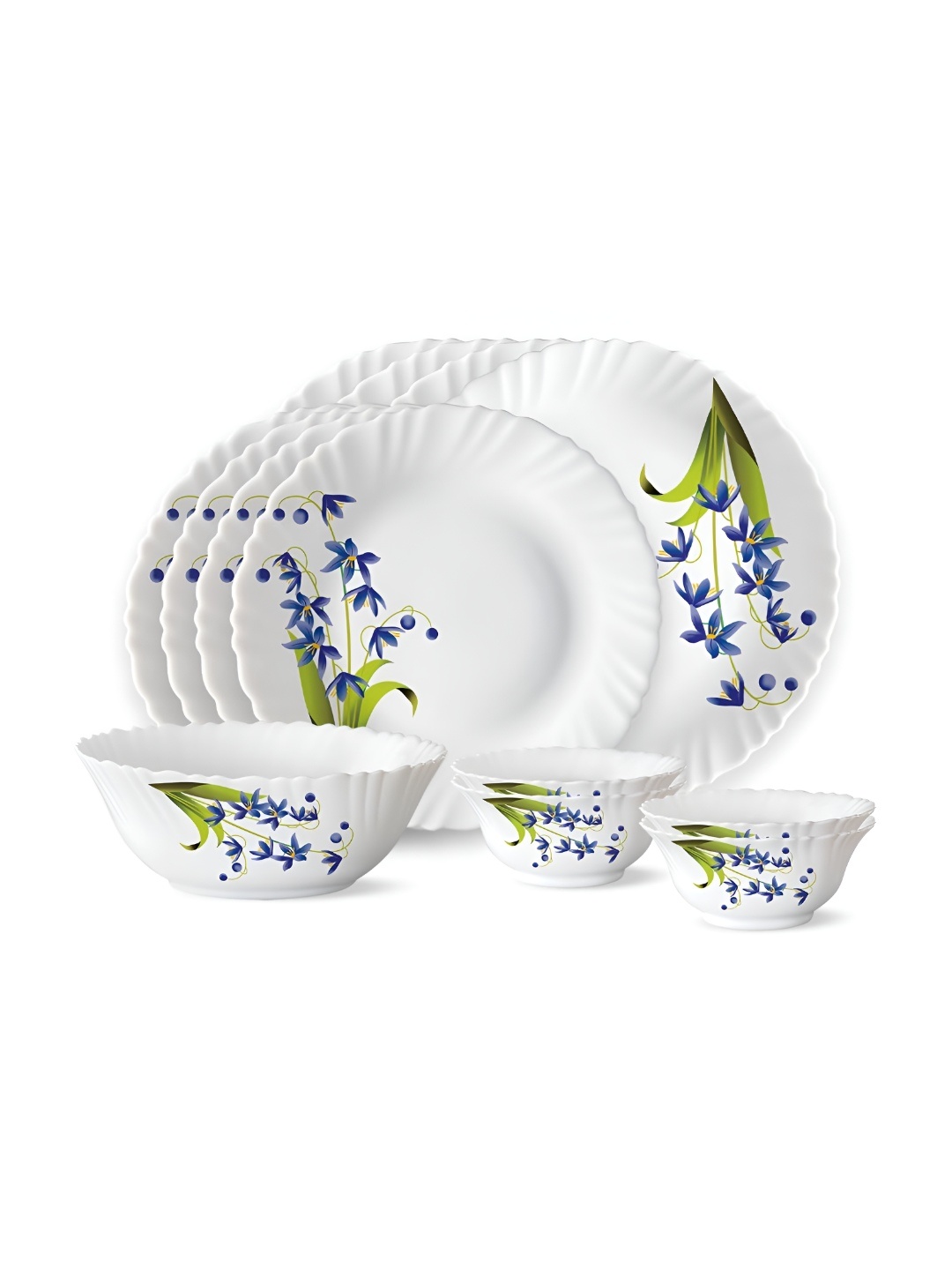 

Larah by BOROSIL Fluted 13 Pcs White & Lavender-Colored Printed Opalware Dinner Set