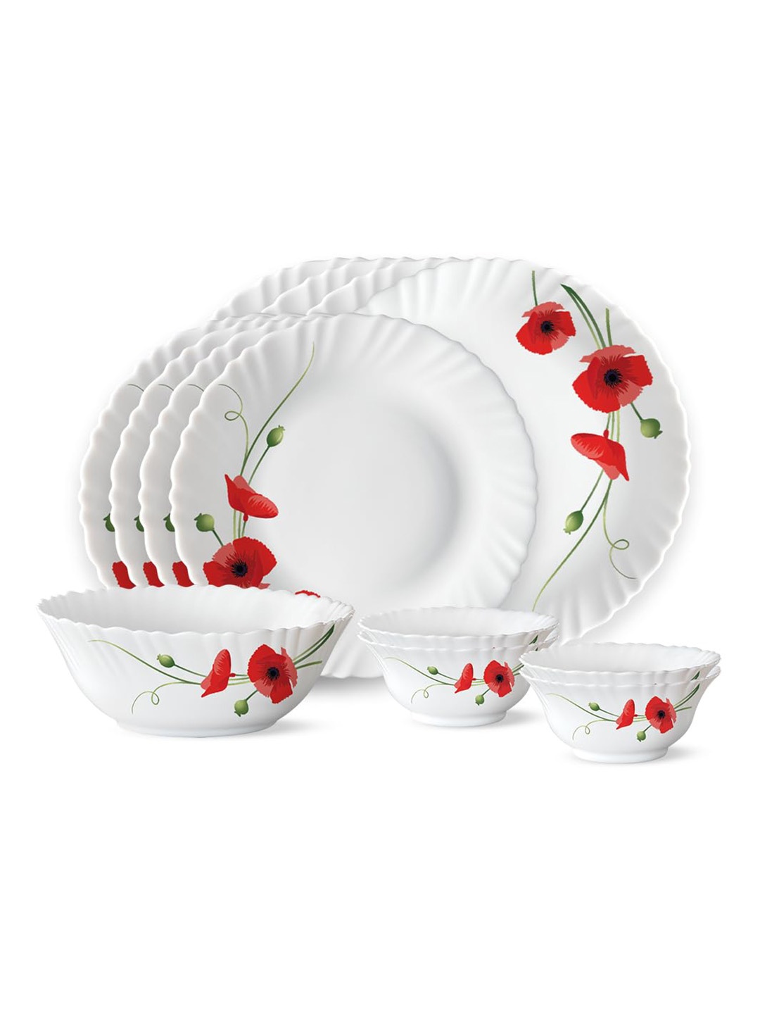 

Larah by BOROSIL 13 Pcs White & Red Printed Opalware Dinner set