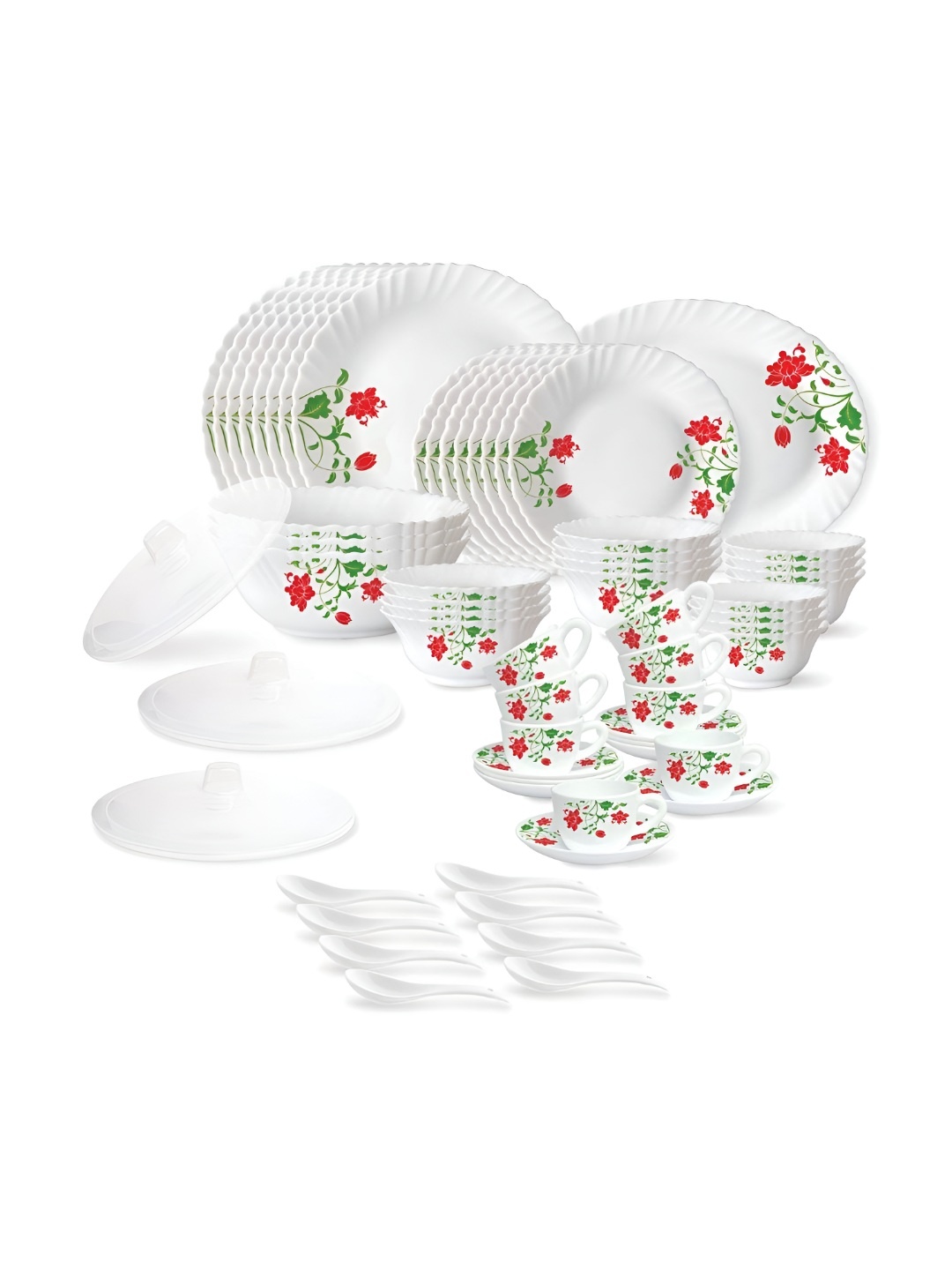 

Larah by BOROSIL Fluted 63 Pcs White & Red Opalware Dinner Set