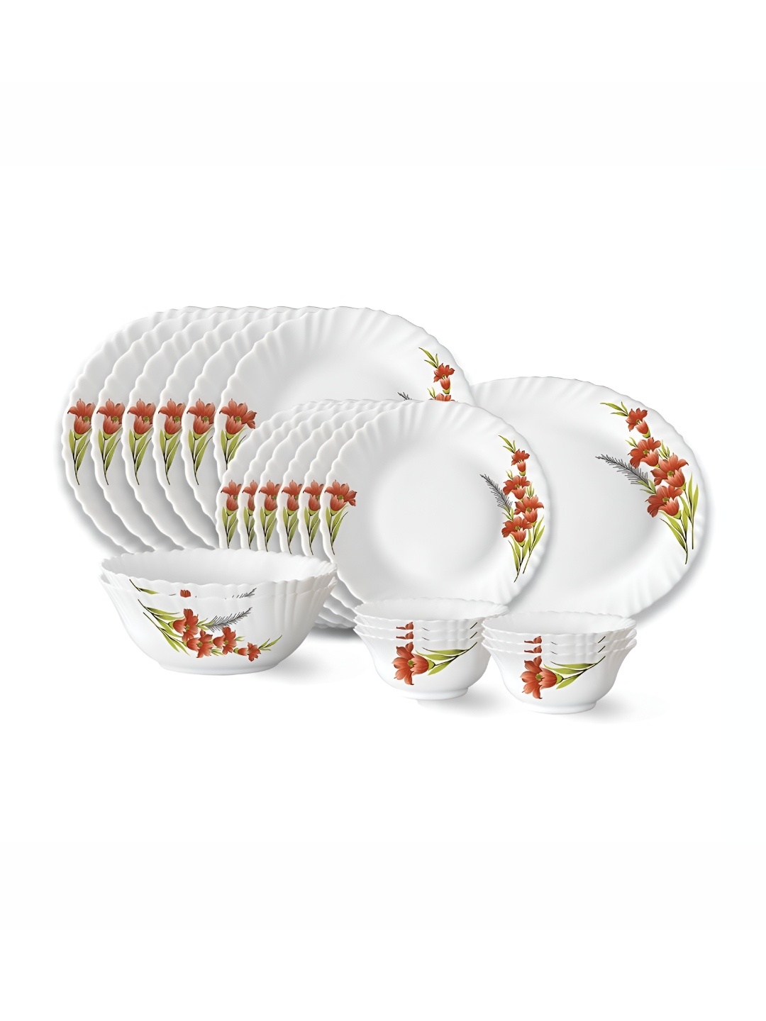 

Larah by BOROSIL Fluted 21 Pcs White & Red Printed Opalware Dinner set