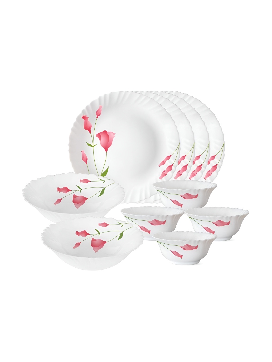 

Larah by BOROSIL Set Of 10 Floral Printed Opalware Dinner Set, White