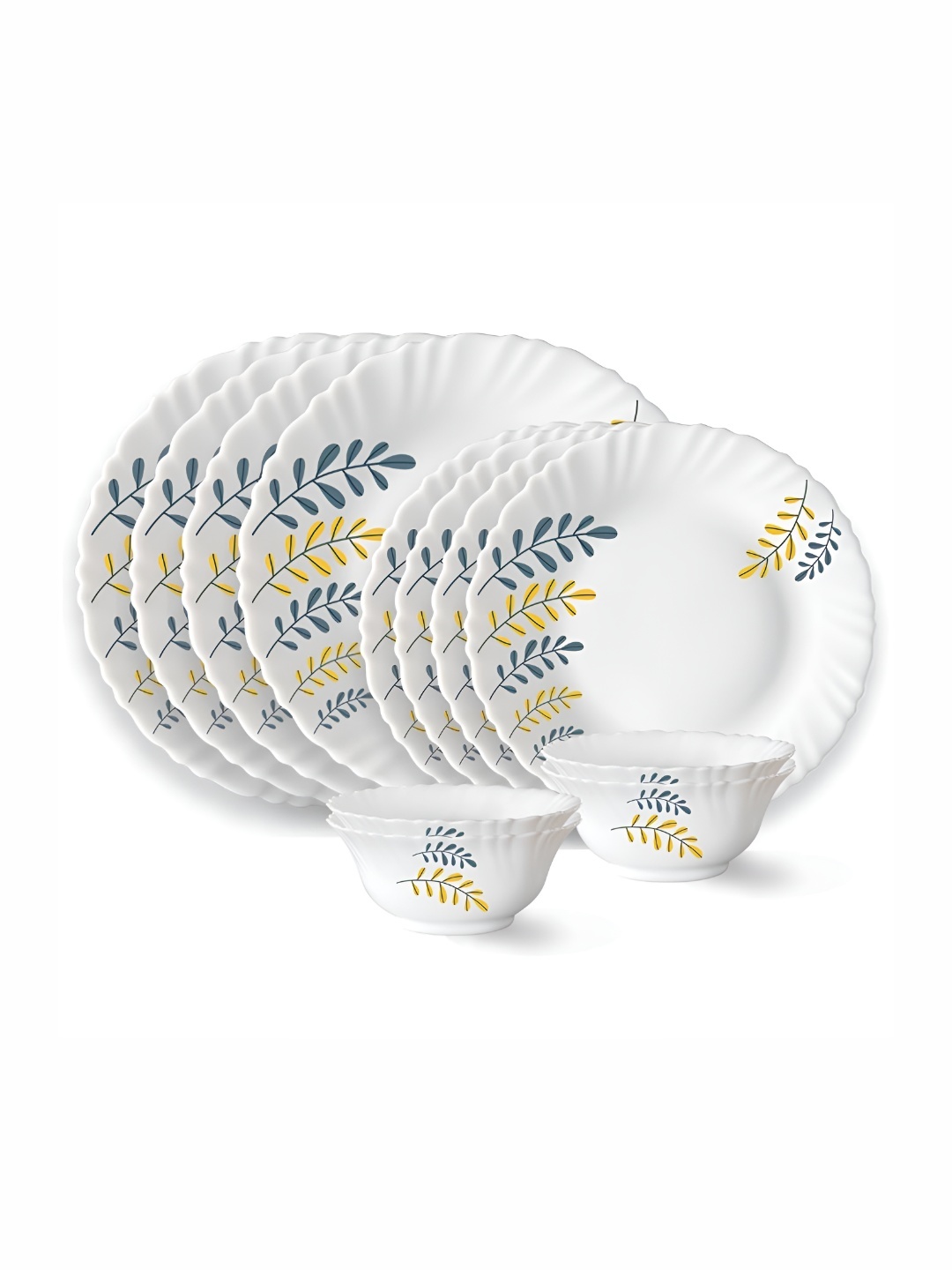 

Larah by BOROSIL Fluted 12 Pcs Of White Printed Opalware Dinner Set