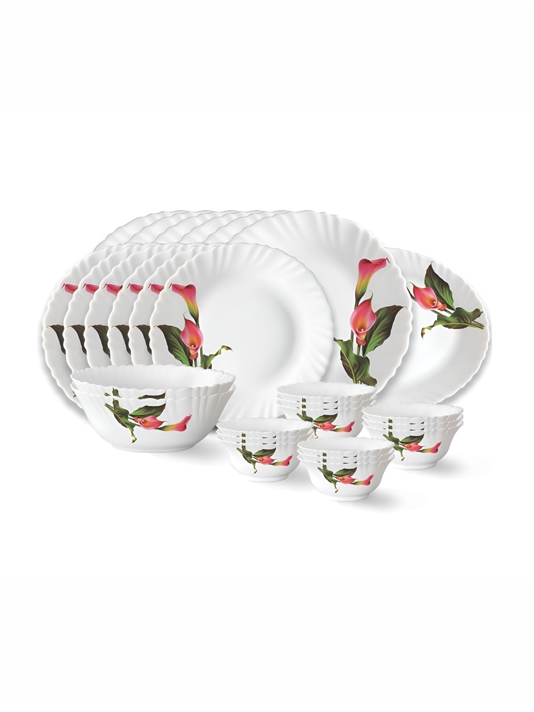 

Larah by BOROSIL 27 Pcs White & Pink Printed Opalware Dinner set