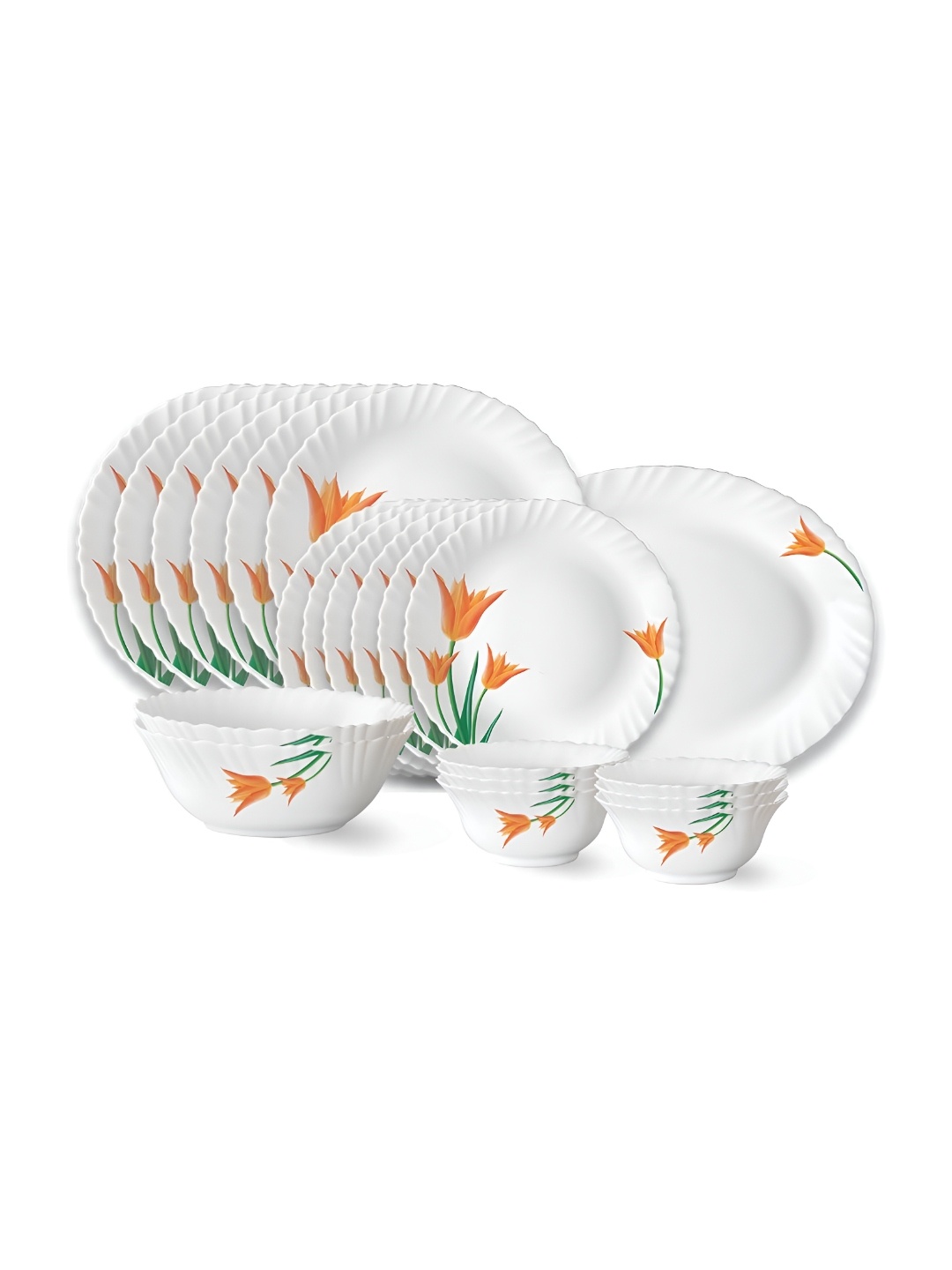 

Larah by BOROSIL Firefly 21-Pcs White & Orange-Coloured Printed Dinner Set