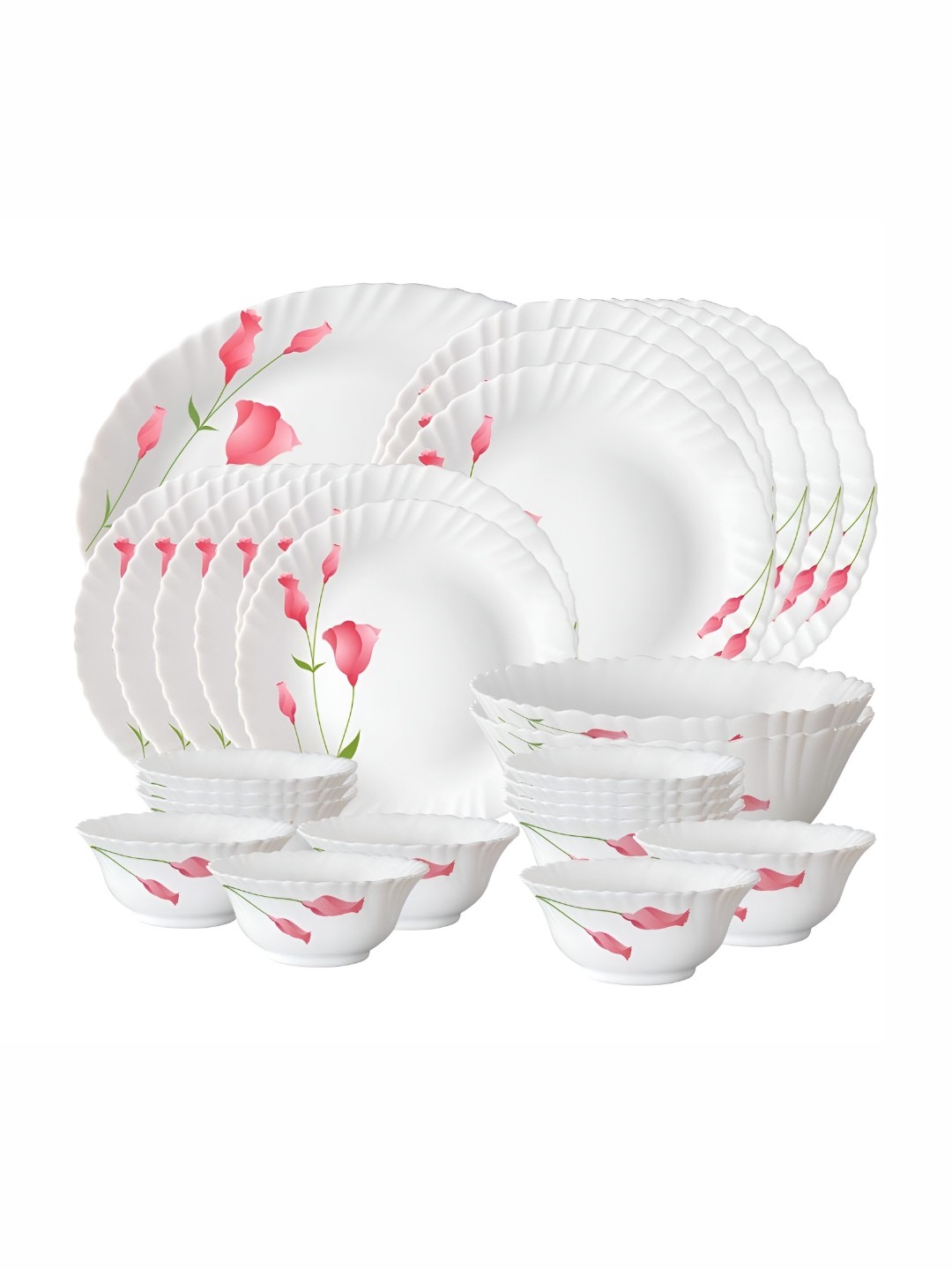 

Larah by BOROSIL Fluted 27 Pcs White Printed Opalware Dinner Set