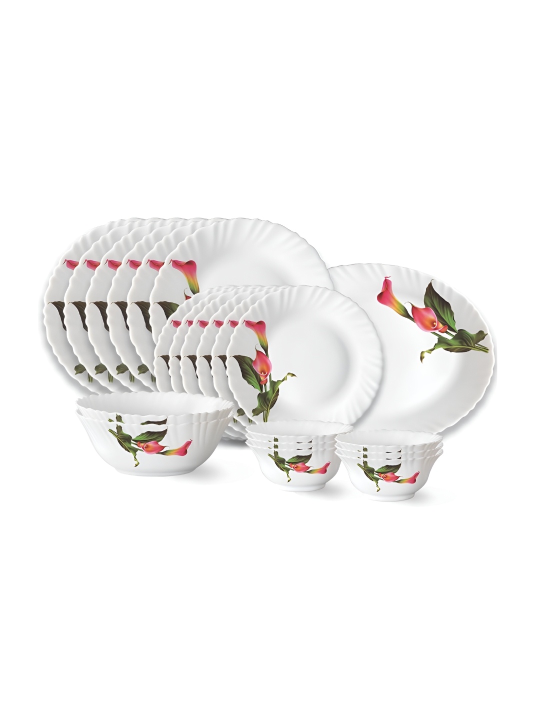 

Larah by BOROSIL Fluted 21 Pcs Of White Printed Opalware Dinner Set