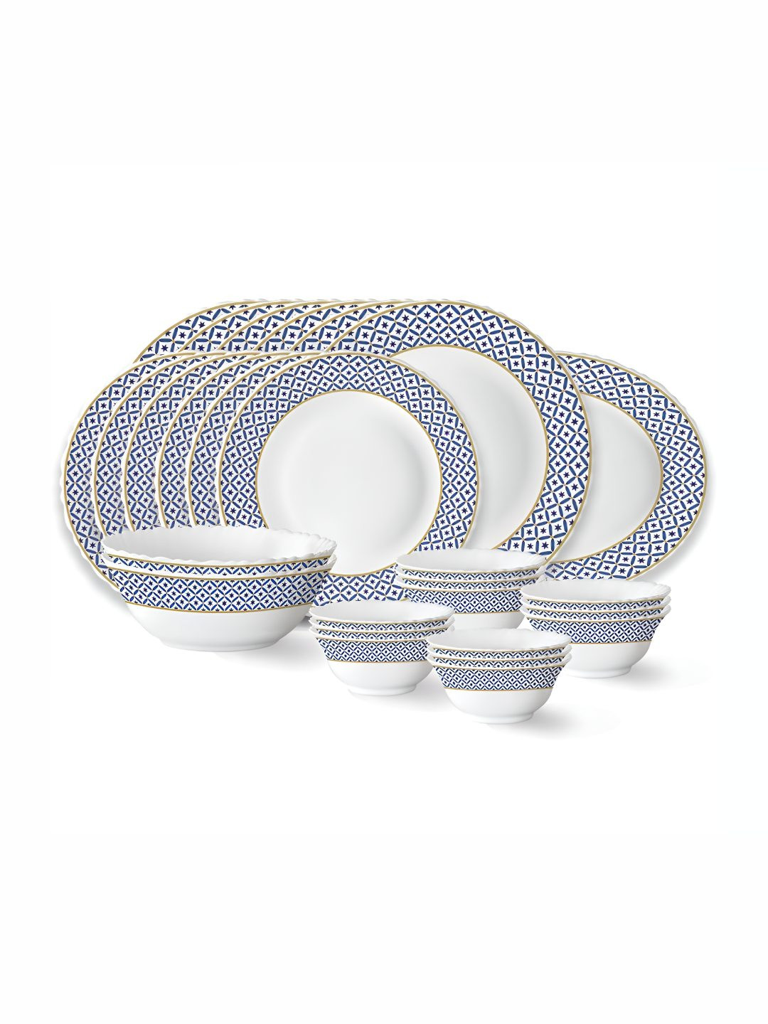 

Larah by BOROSIL 27 Pcs White & Blue Printed Opalware Dinner set