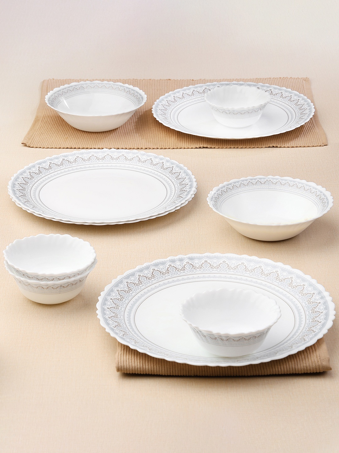 

Larah by BOROSIL Fluted 10 Pcs White Printed Opalware Dinner Set
