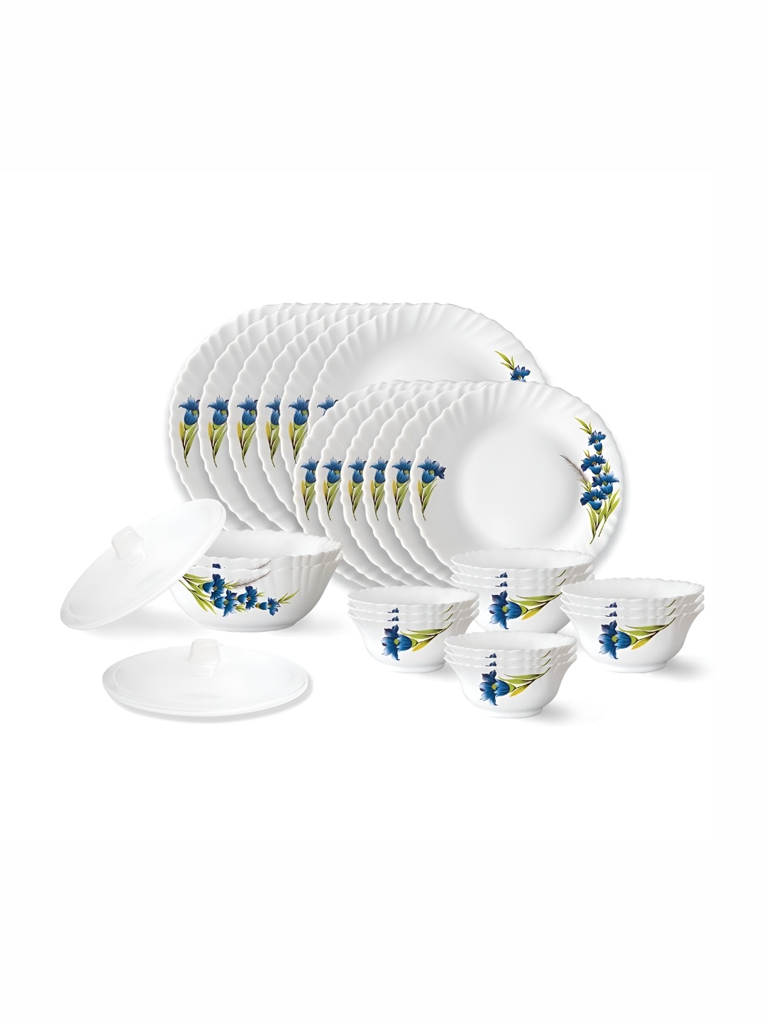 

Larah by BOROSIL 28 Pcs White & Blue Printed Opalware Dinner set