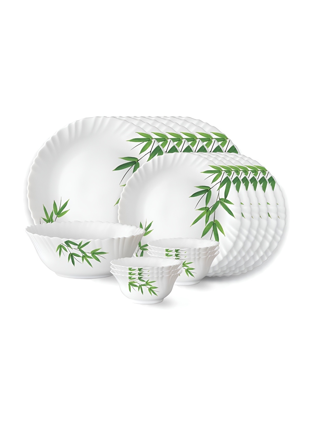 

Larah by BOROSIL 27 Pcs White & Green Printed Opalware Dinner set