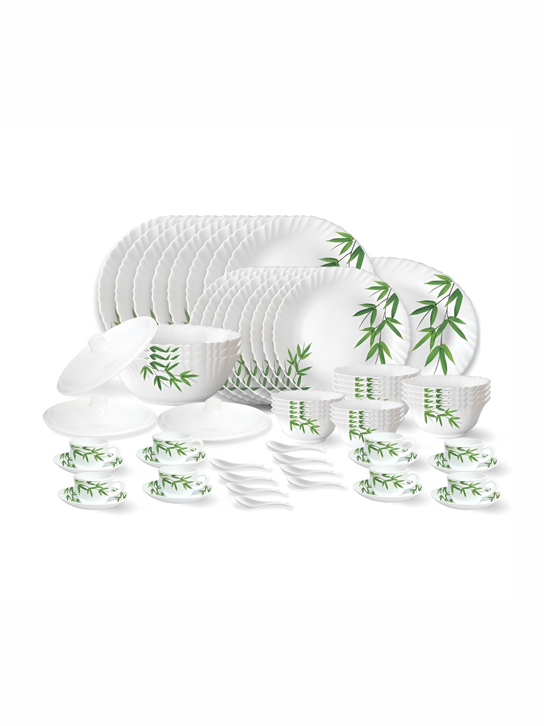 

Larah by BOROSIL Fluted 63 Pcs White & Green Floral Printed Opalware Dinner Set