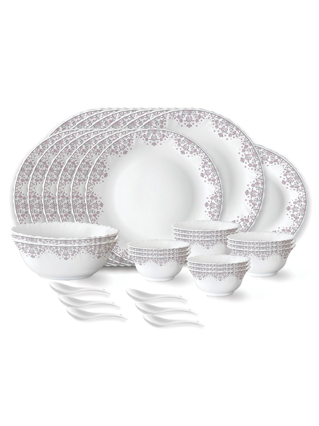 

Larah by BOROSIL Fluted 33-Pcs White Printed Opalware Crocker Dinner Set