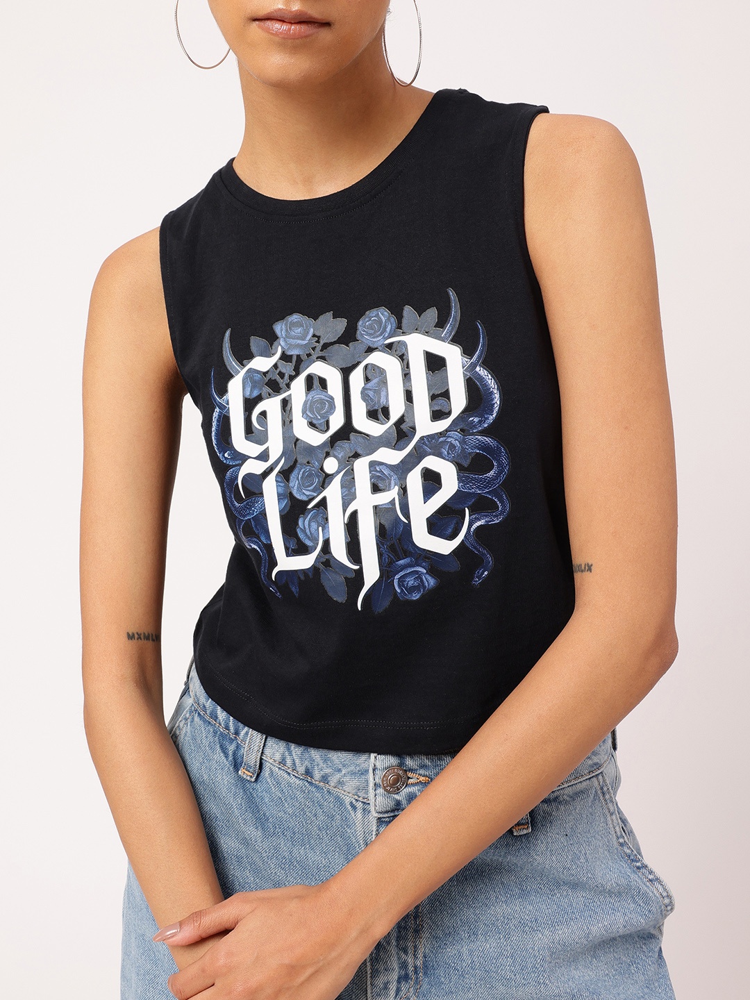 

Grunge Attitude Typography Printed Sleeveless Crop T-Shirt, Navy blue