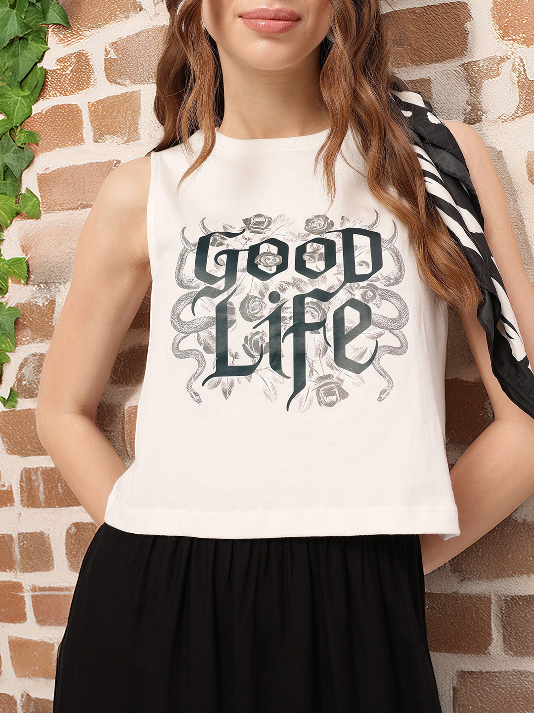 

Soft Rebel Chic Typography Printed Sleeveless Crop T-Shirt, White