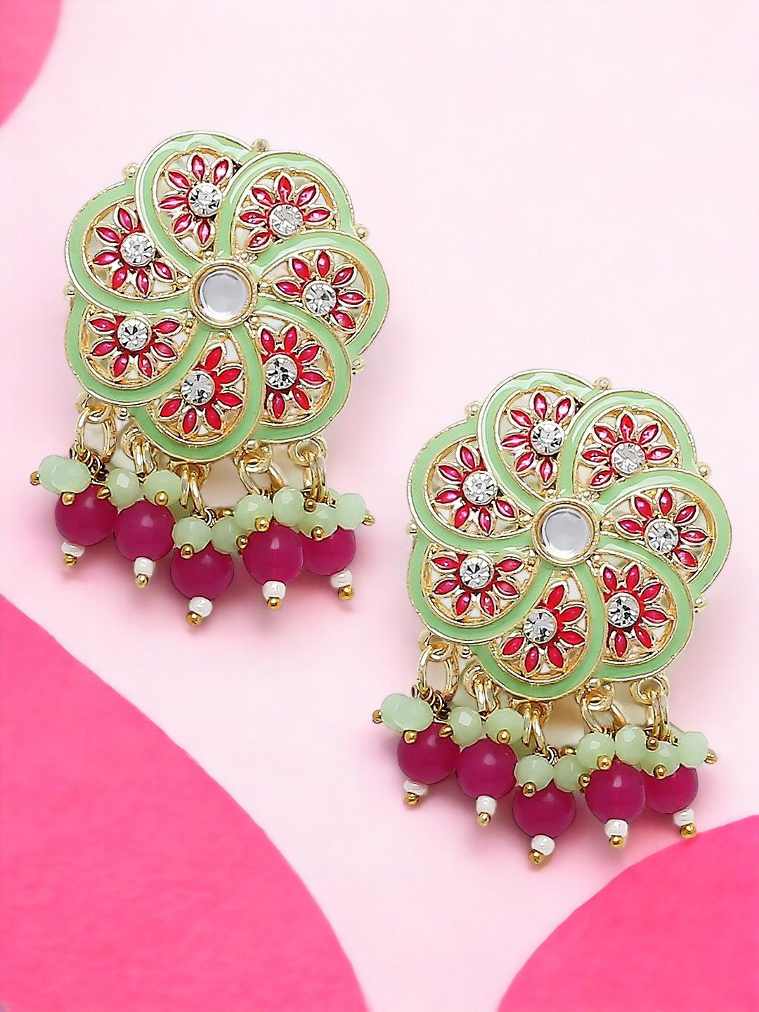 

Anouk Women Floral Artificial Stones and Beads Jhumkas Earrings, Green