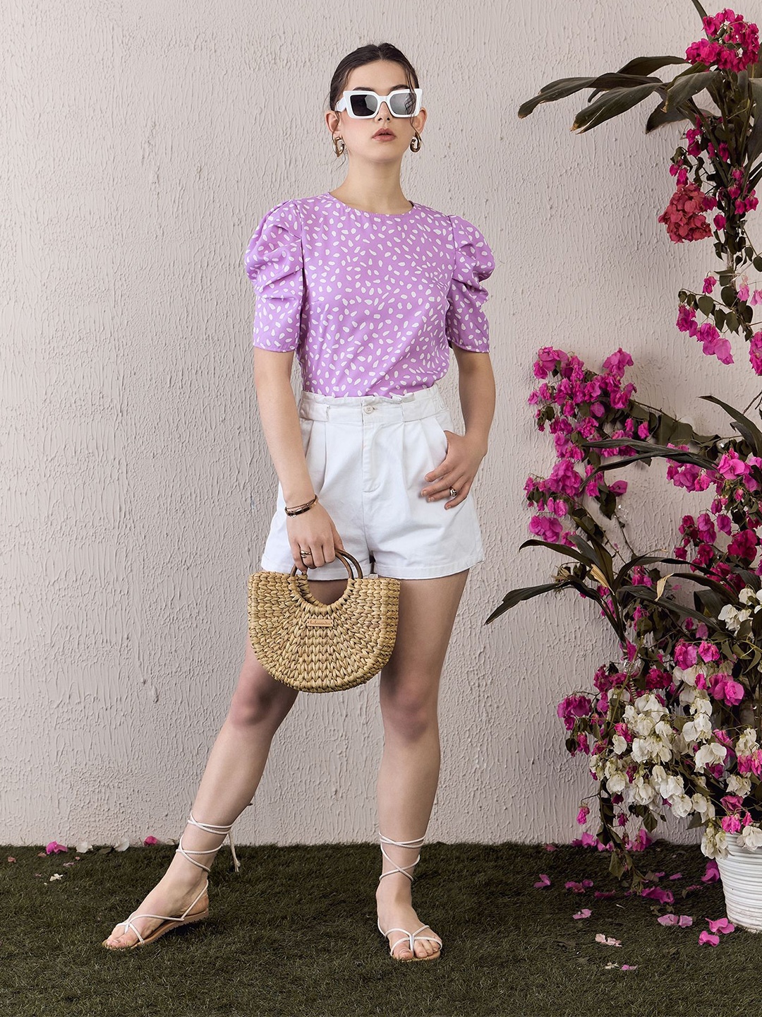 

Berrylush Round Neck Printed Top, Purple