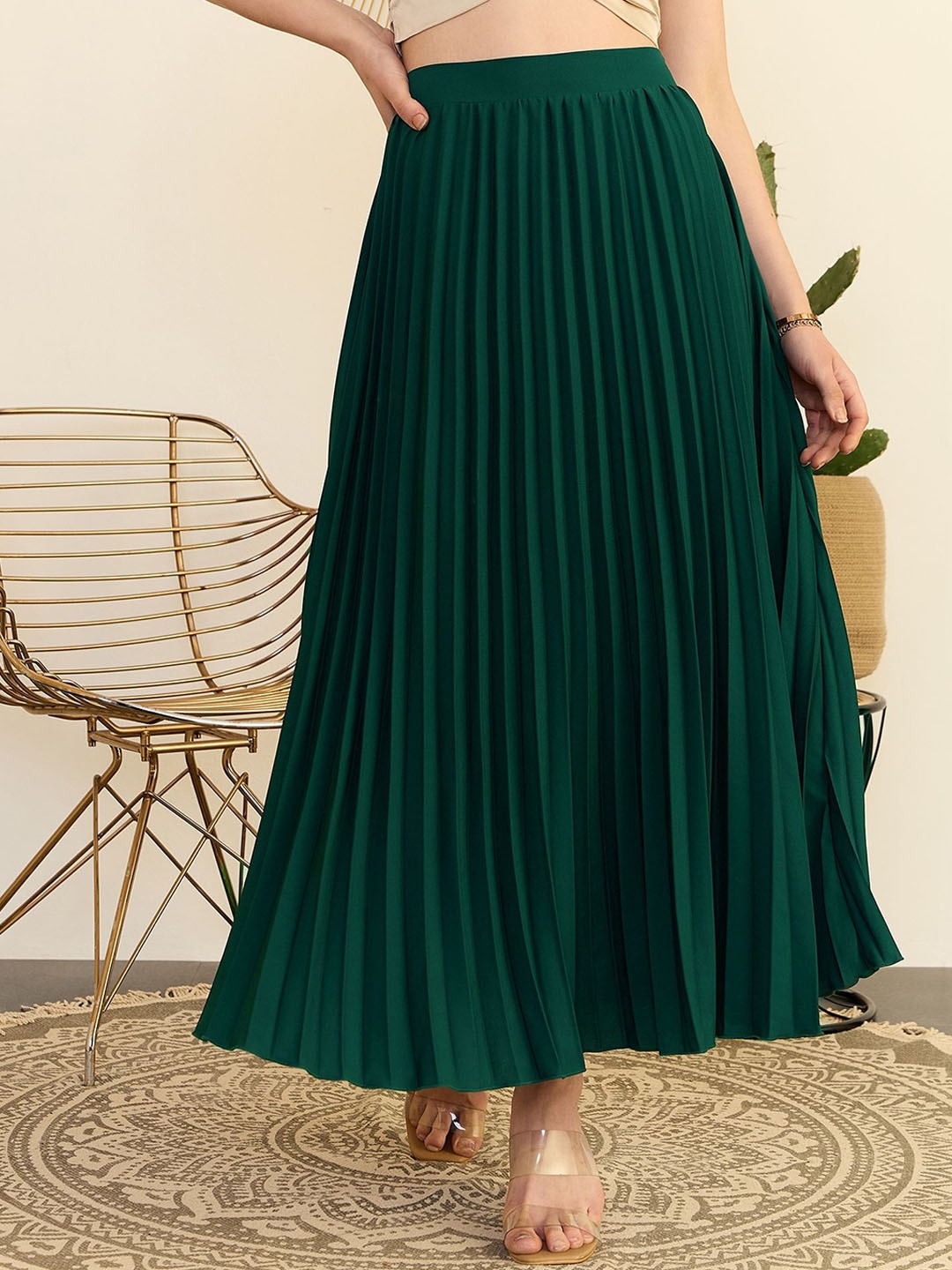 

Berrylush Women High Rise Accordion Pleated Midi A-line Skirts, Green