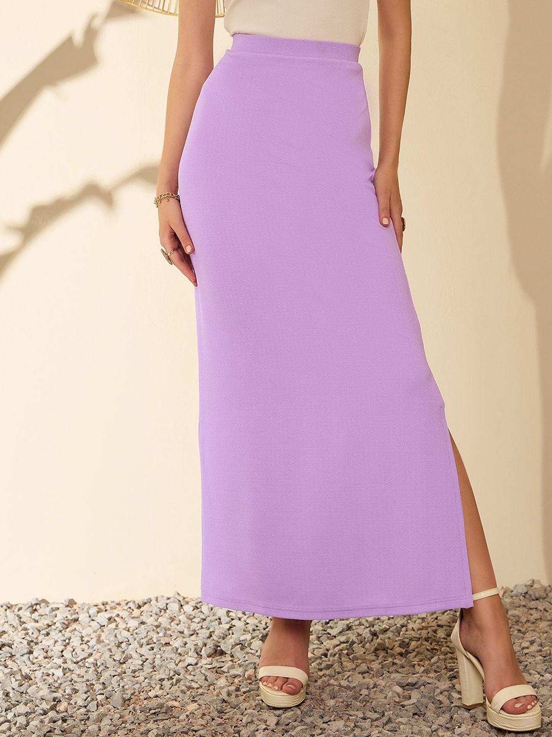 

Berrylush BASICS Women Self Design High Waist Split-Thigh Maxi Pencil Skirt, Purple