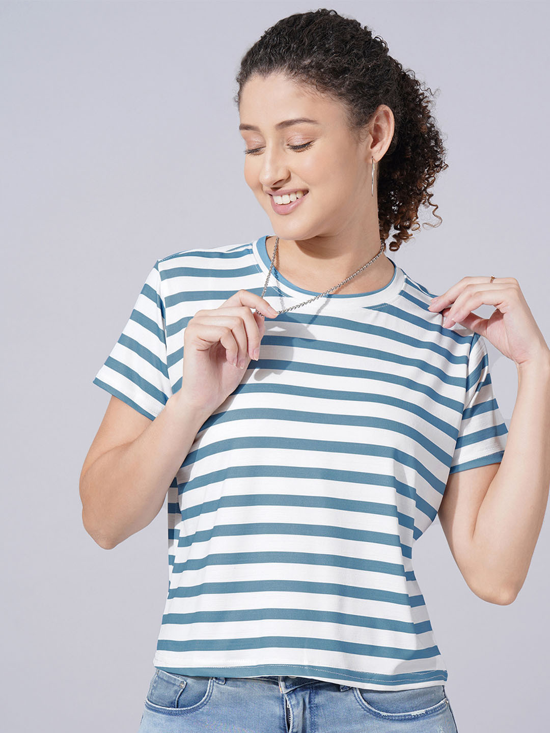 

Selvia Striped Printed Round Neck T-shirt, Blue