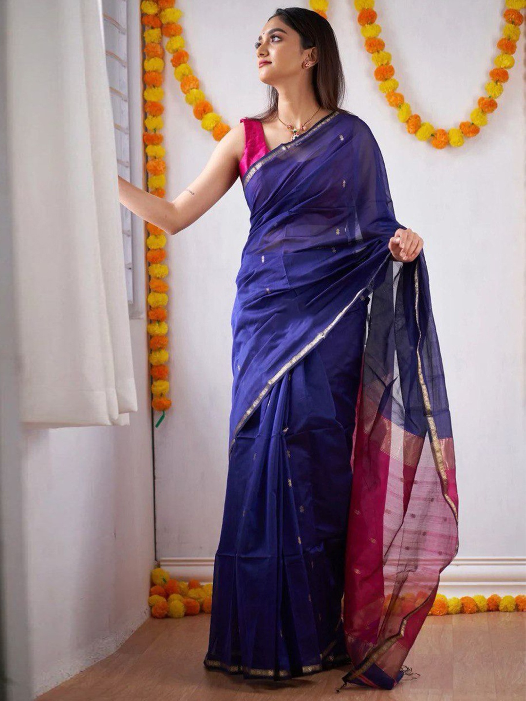 

Mitera Ethnic Motifs Pure Cotton Handloom Banarasi Saree, Blue