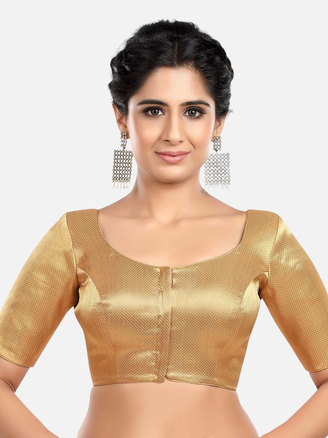 

FEMMIBELLA Woven-Designed Round Neck Readymade Saree Blouse, Gold