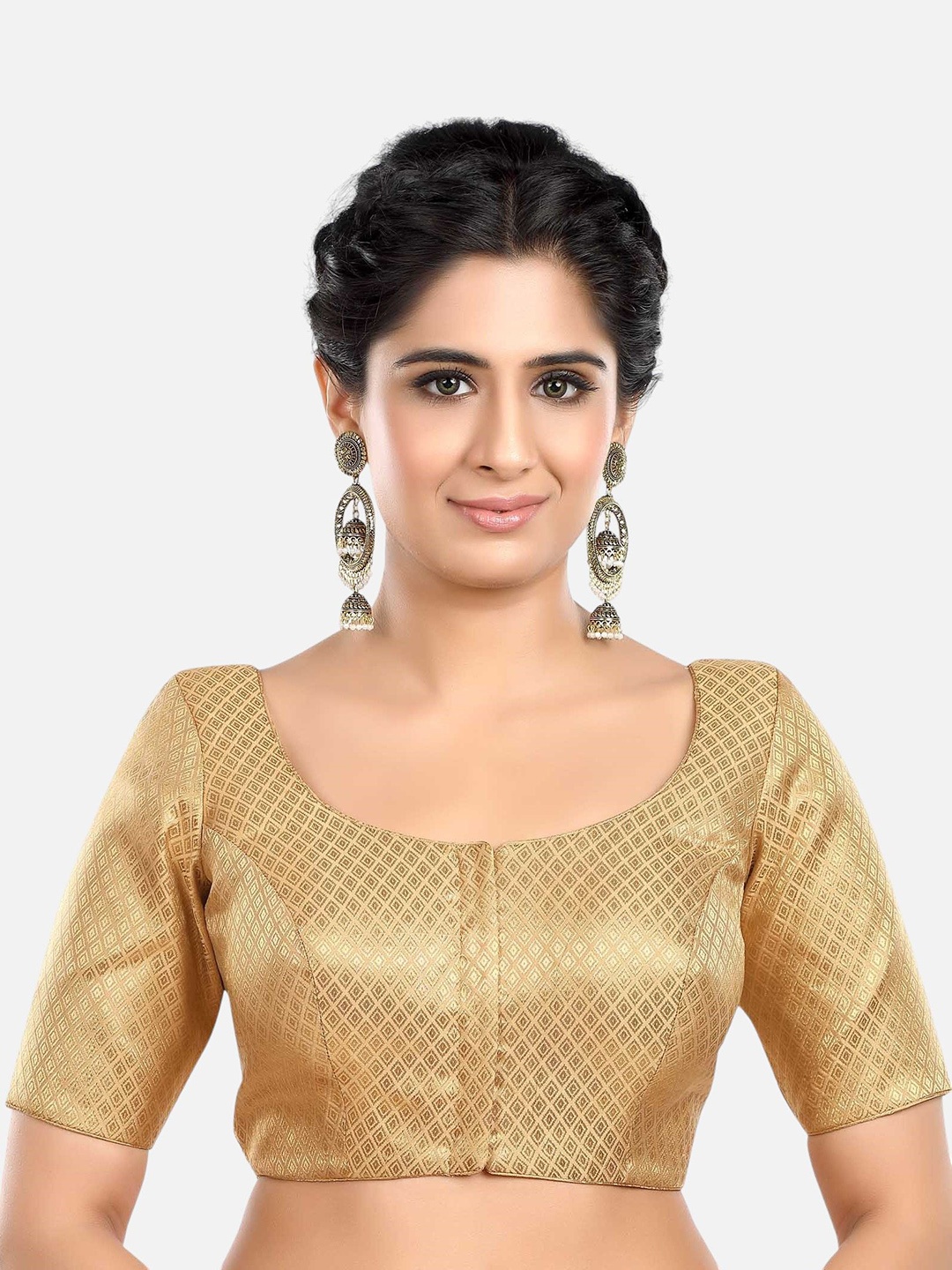 

FEMMIBELLA Woven Design Round Neck Readymade Saree Blouse, Gold