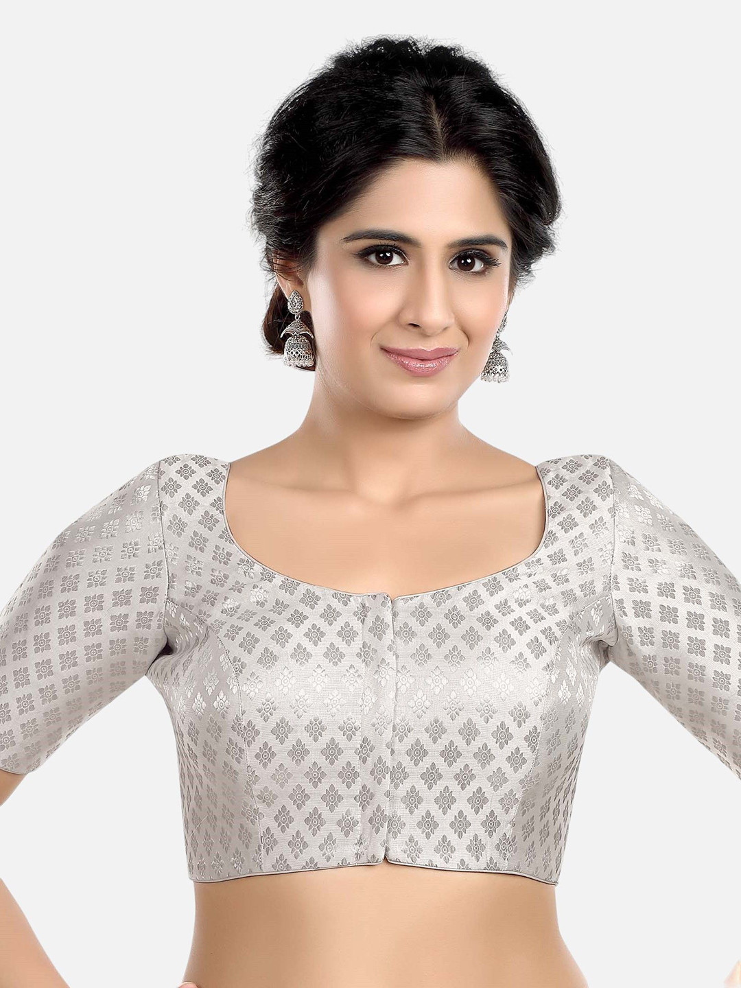 

FEMMIBELLA Woven Design Round Neck Readymade Saree Blouse, Silver