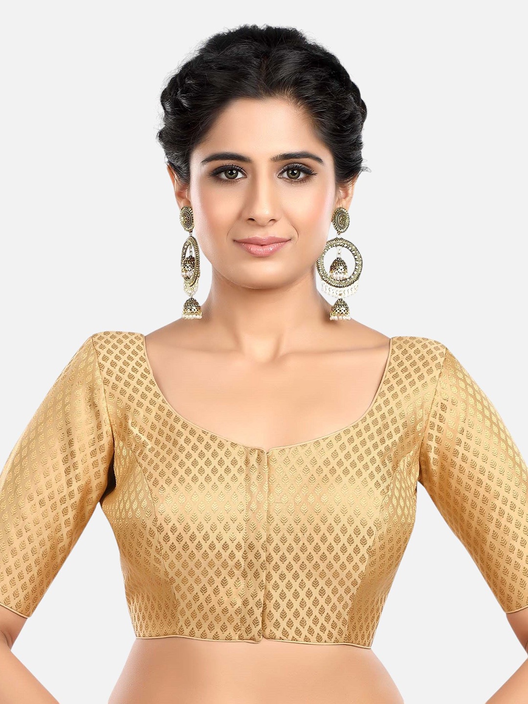 

FEMMIBELLA Woven-Design Round Neck Readymade Saree Blouse, Gold