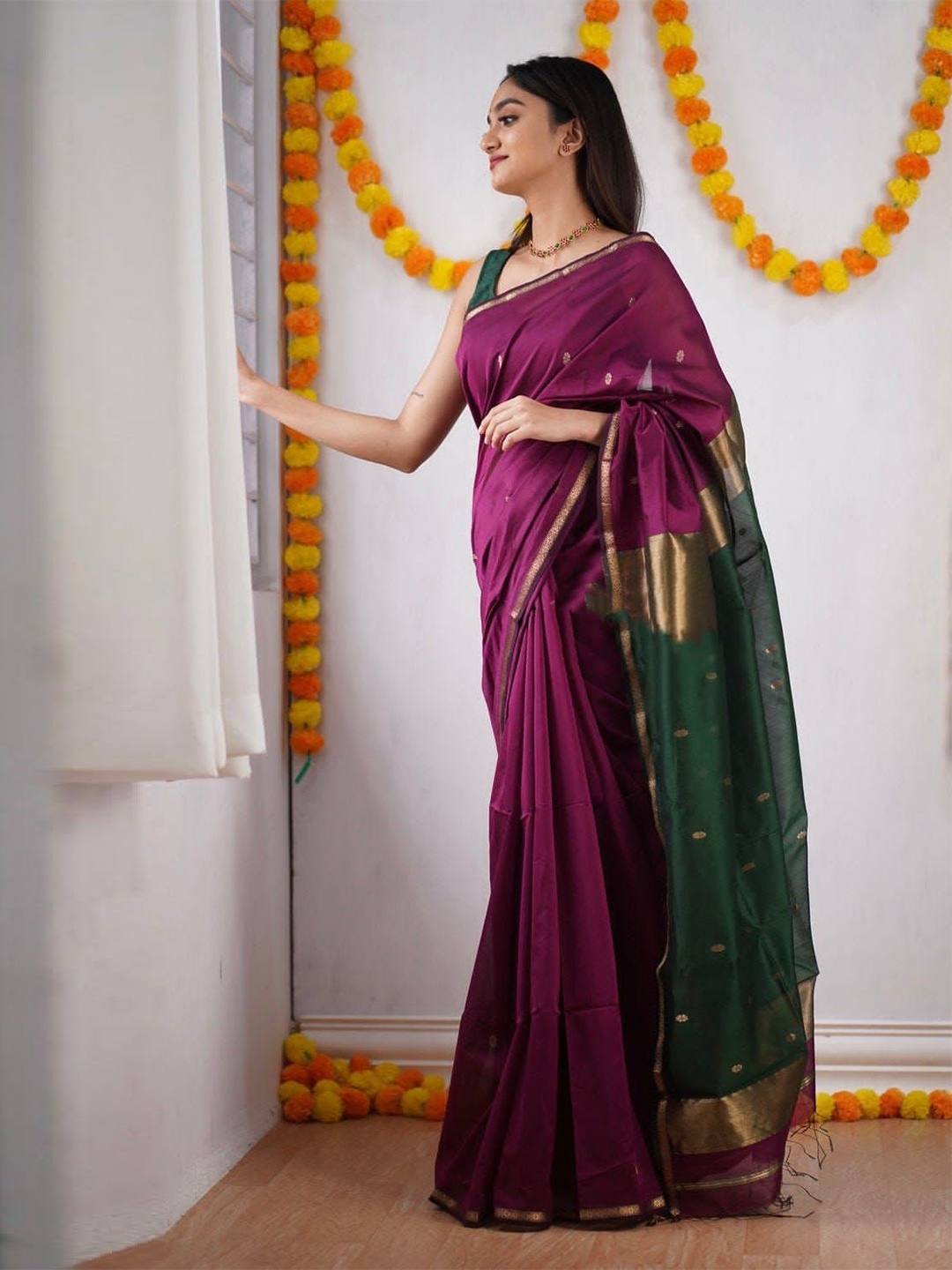 

KALINI Ethnic Motifs Zari Pure Cotton Banarasi Saree, Purple
