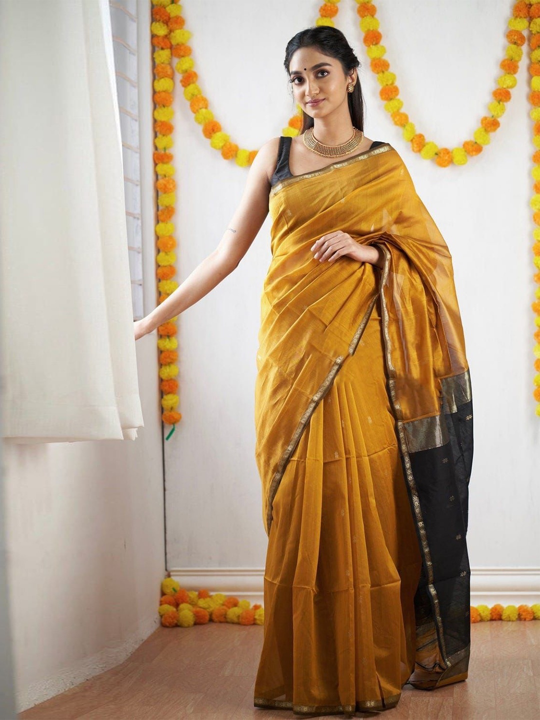 

KALINI Ethnic Motifs Pure Cotton Handloom Banarasi Saree, Yellow