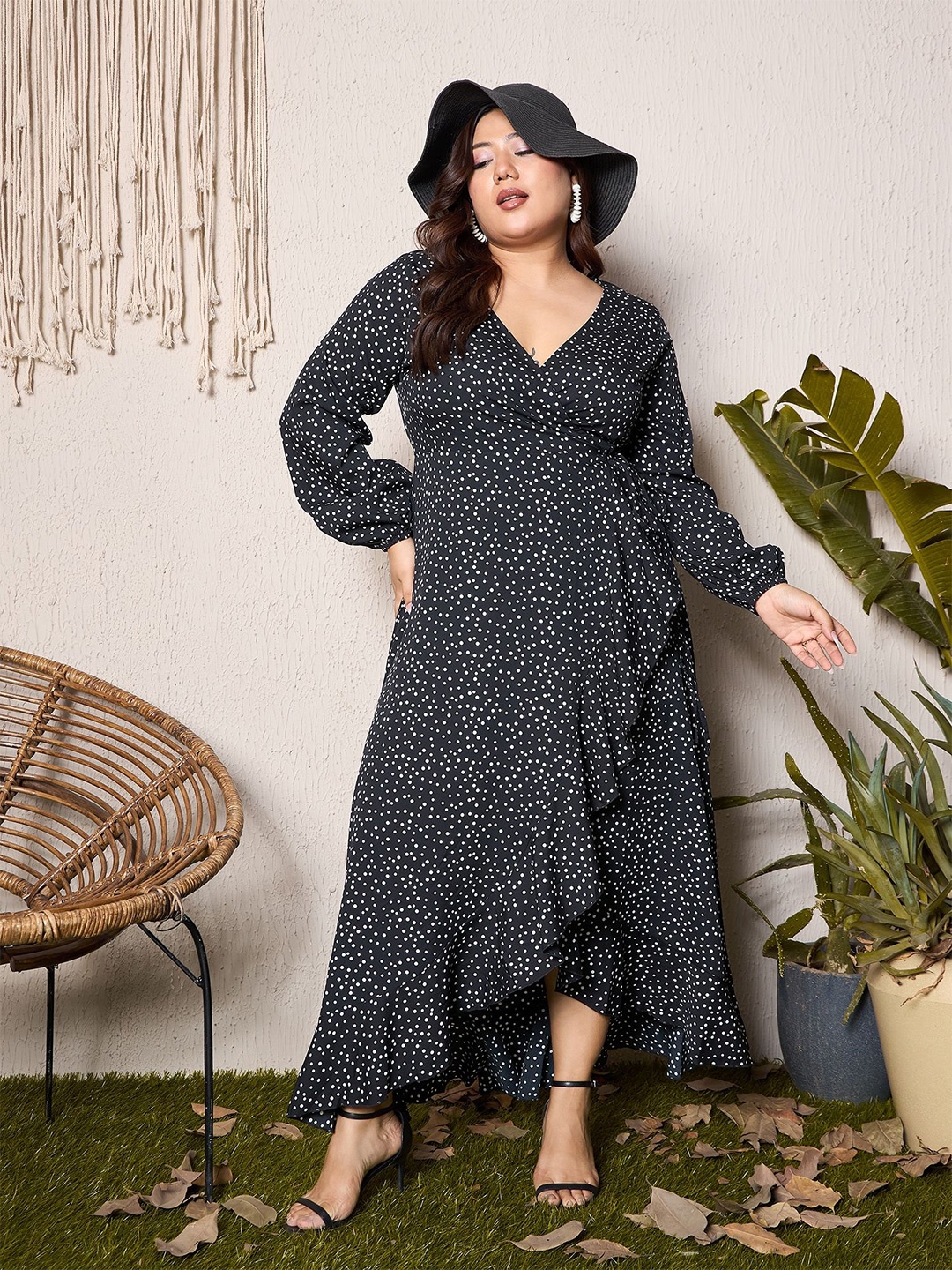 

Berrylush Curve Women Polka Dot Print Ruffled Maxi Dress, Navy blue