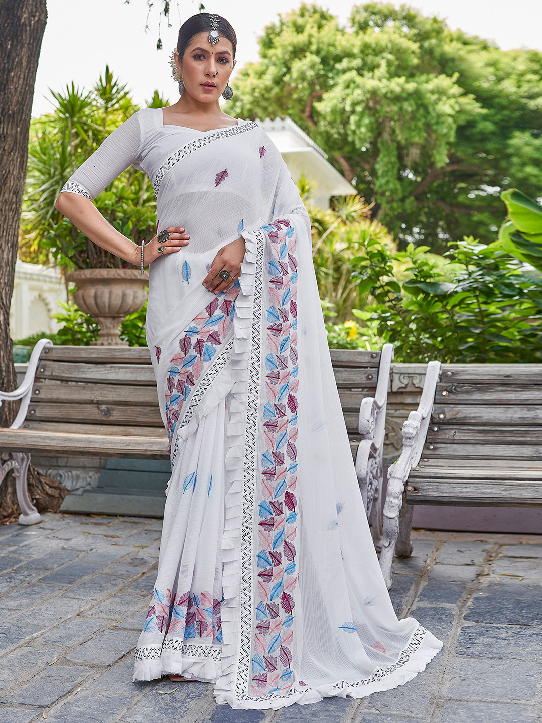 

Mitera Beads and Stones Embroidered Pure Georgette Saree, White
