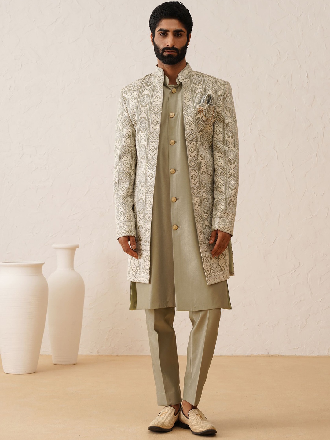 

Denis Parkar Mens Embroidered Mandarin Collar Sherwani, Green