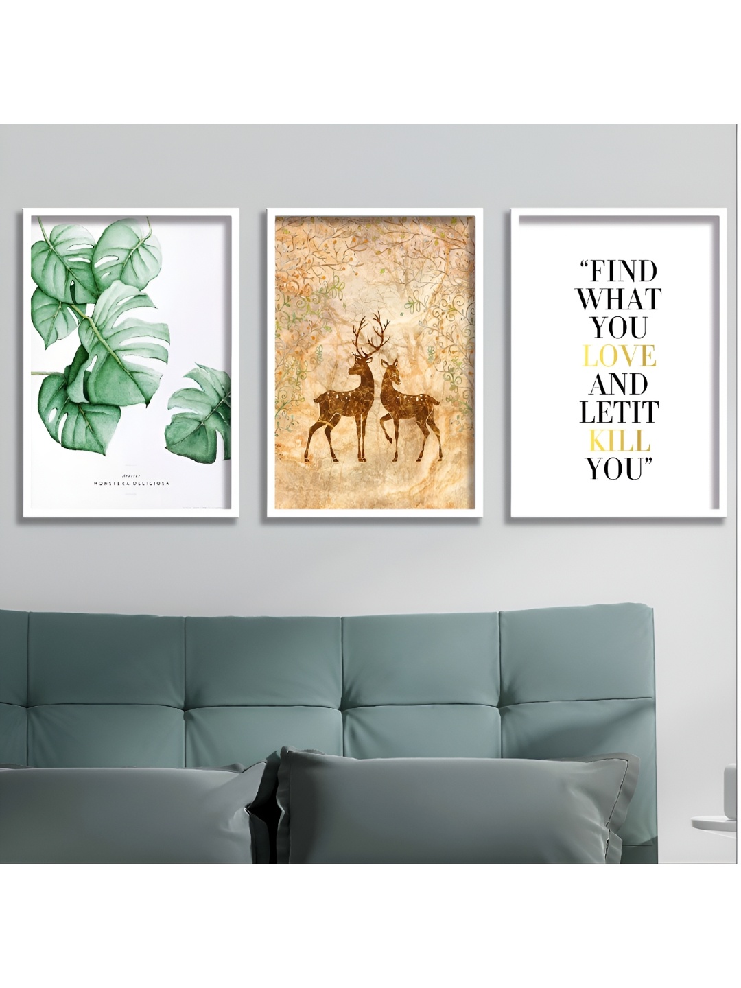 

Aura Set Of 3 Tropical Leaves Premium Frame Digital Reprint Wall Paintings, Green