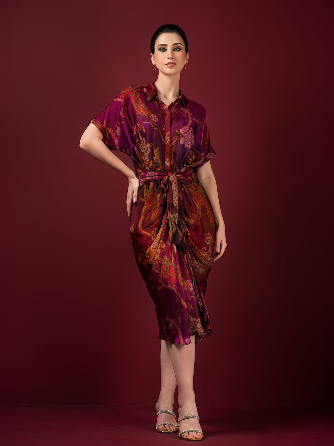 

Q BY SONIA BADERIA Floral Print Satin Shirt Midi Dress, Maroon