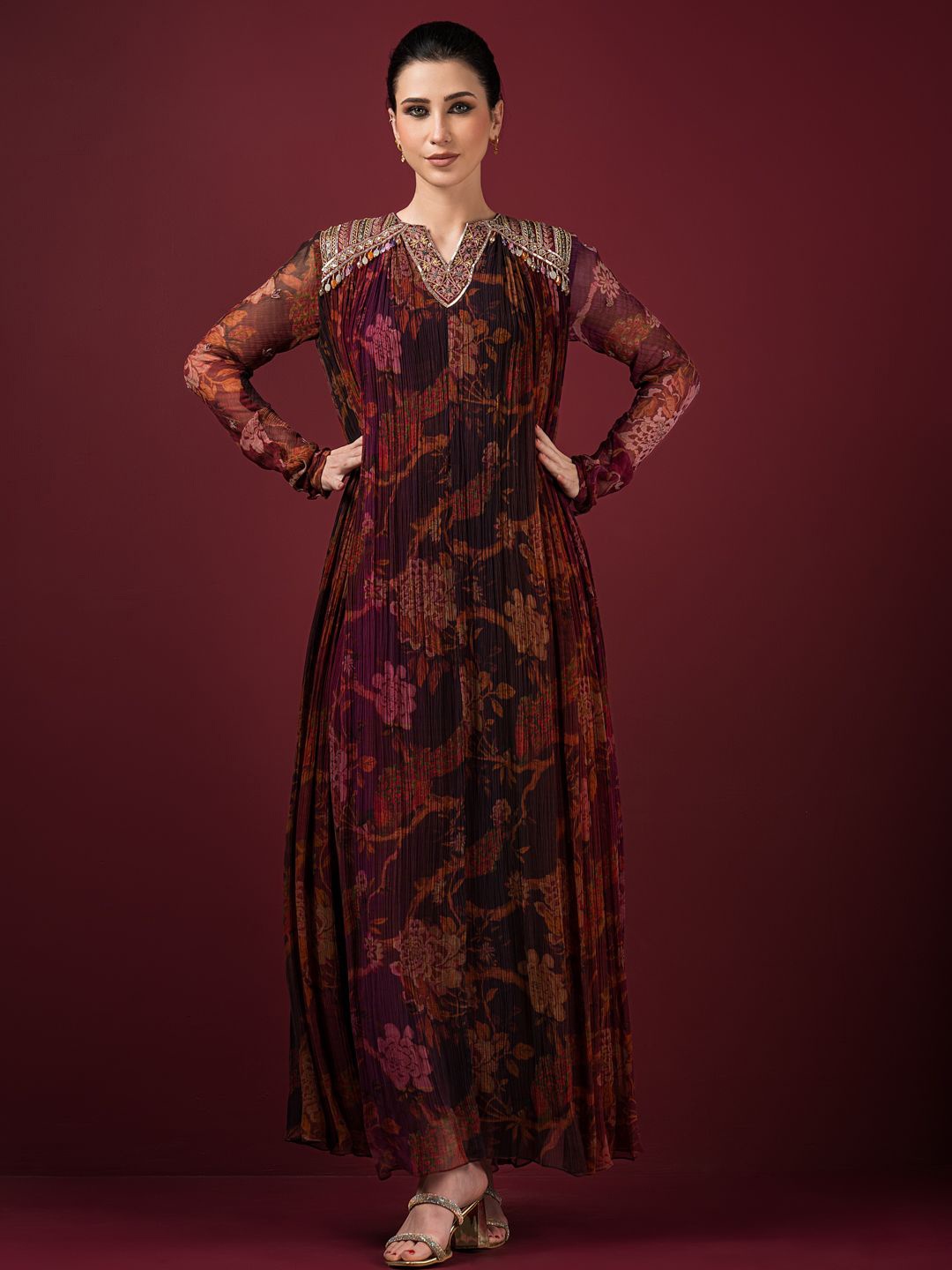 

Q BY SONIA BADERIA Floral Print Chiffon Maxi Gown Dress, Maroon