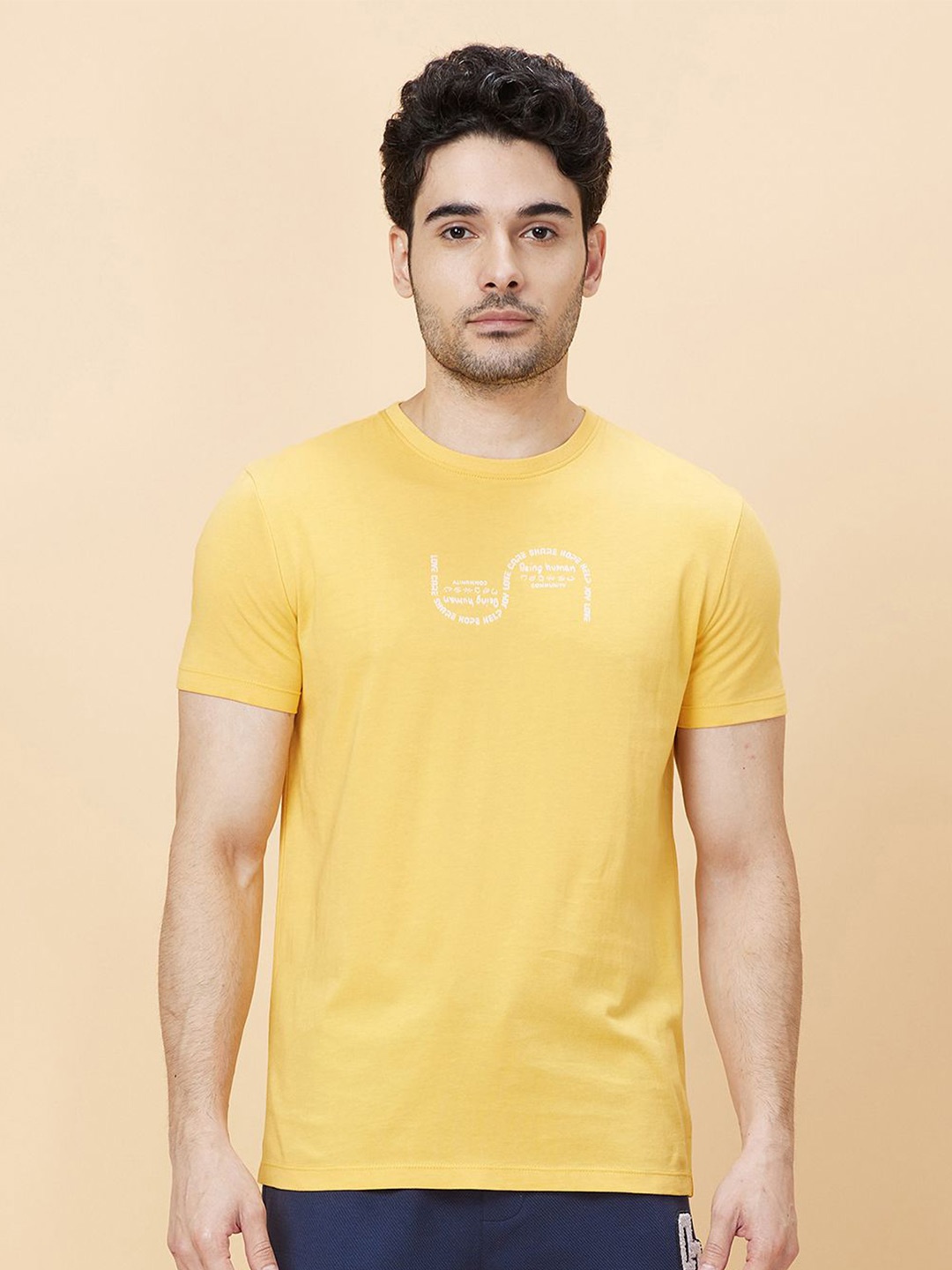 

Being Human Men Round Neck Typography Printed T-shirt, Yellow