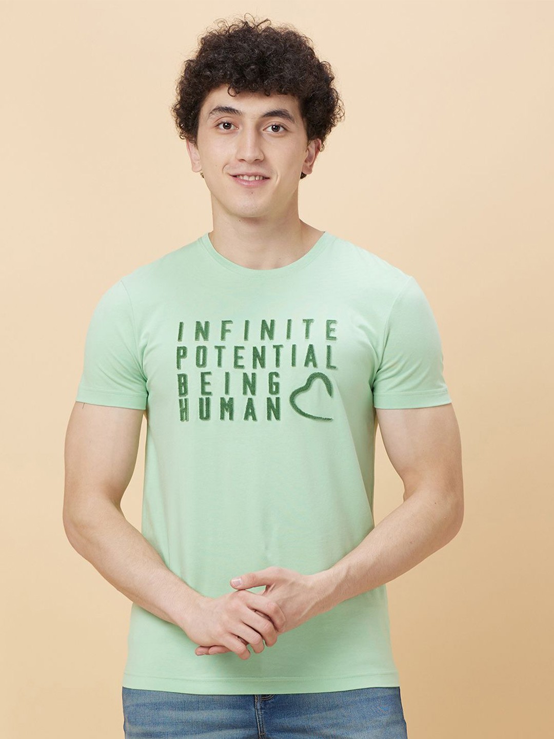

Being Human Men Typography Printed Applique T-shirt, Green