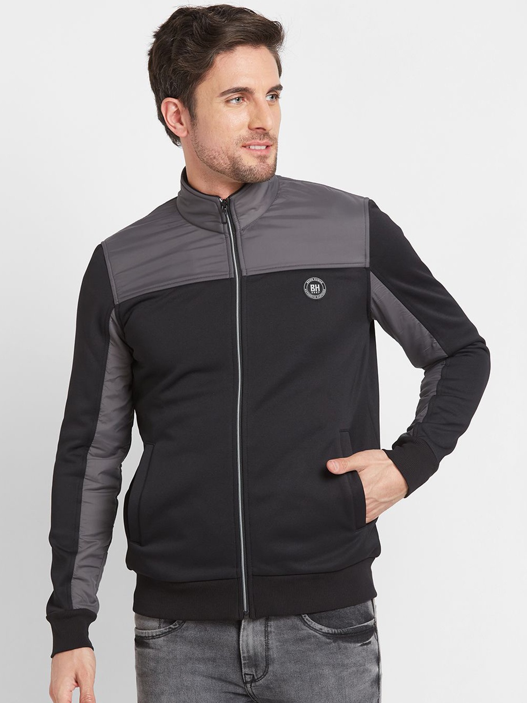 

Being Human Men Colourblocked Sporty Jacket with Patchwork, Black