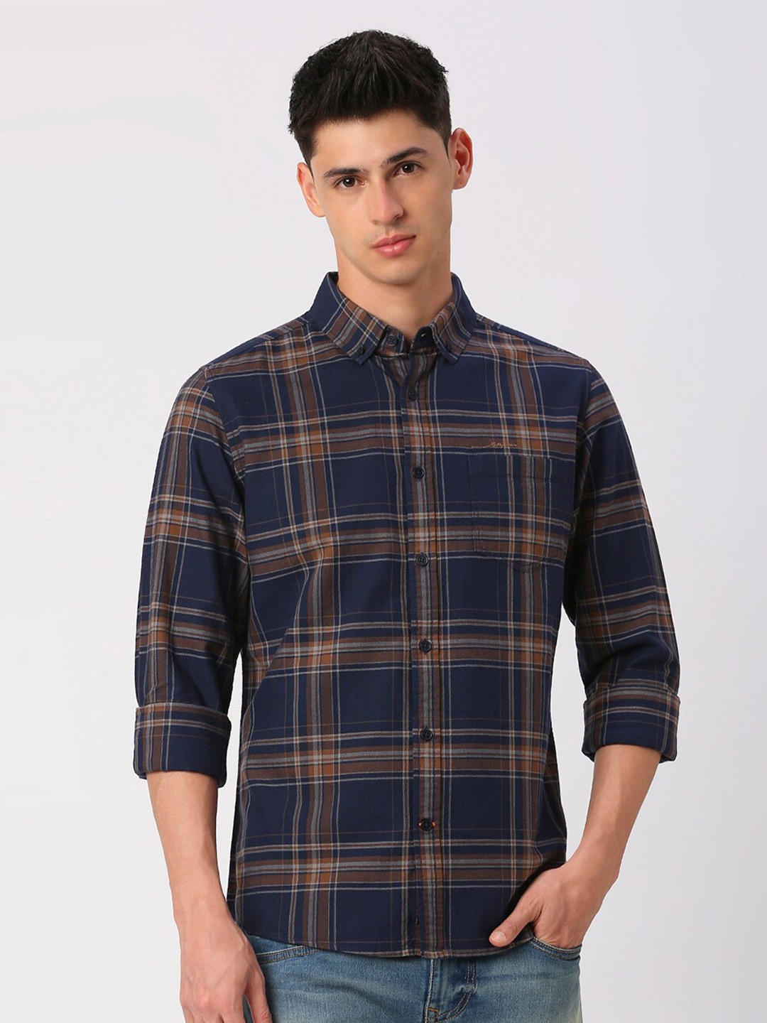 

Being Human Men Slim Fit Button-Down Collar Tartan Checks Opaque Checked Casual Shirt, Blue