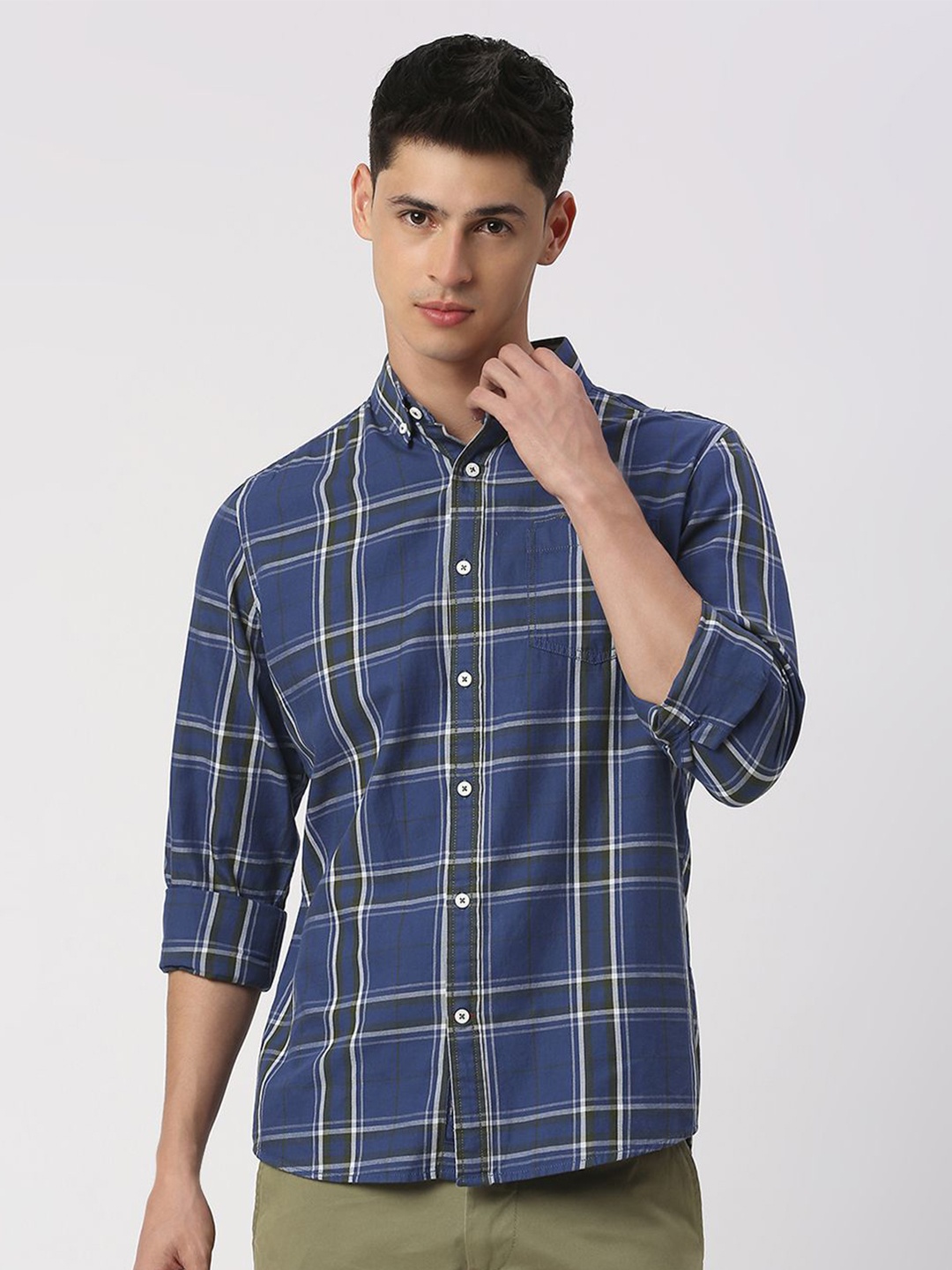

Being Human Men Slim Fit Button-Down Collar Opaque Checked Casual Shirt, Blue