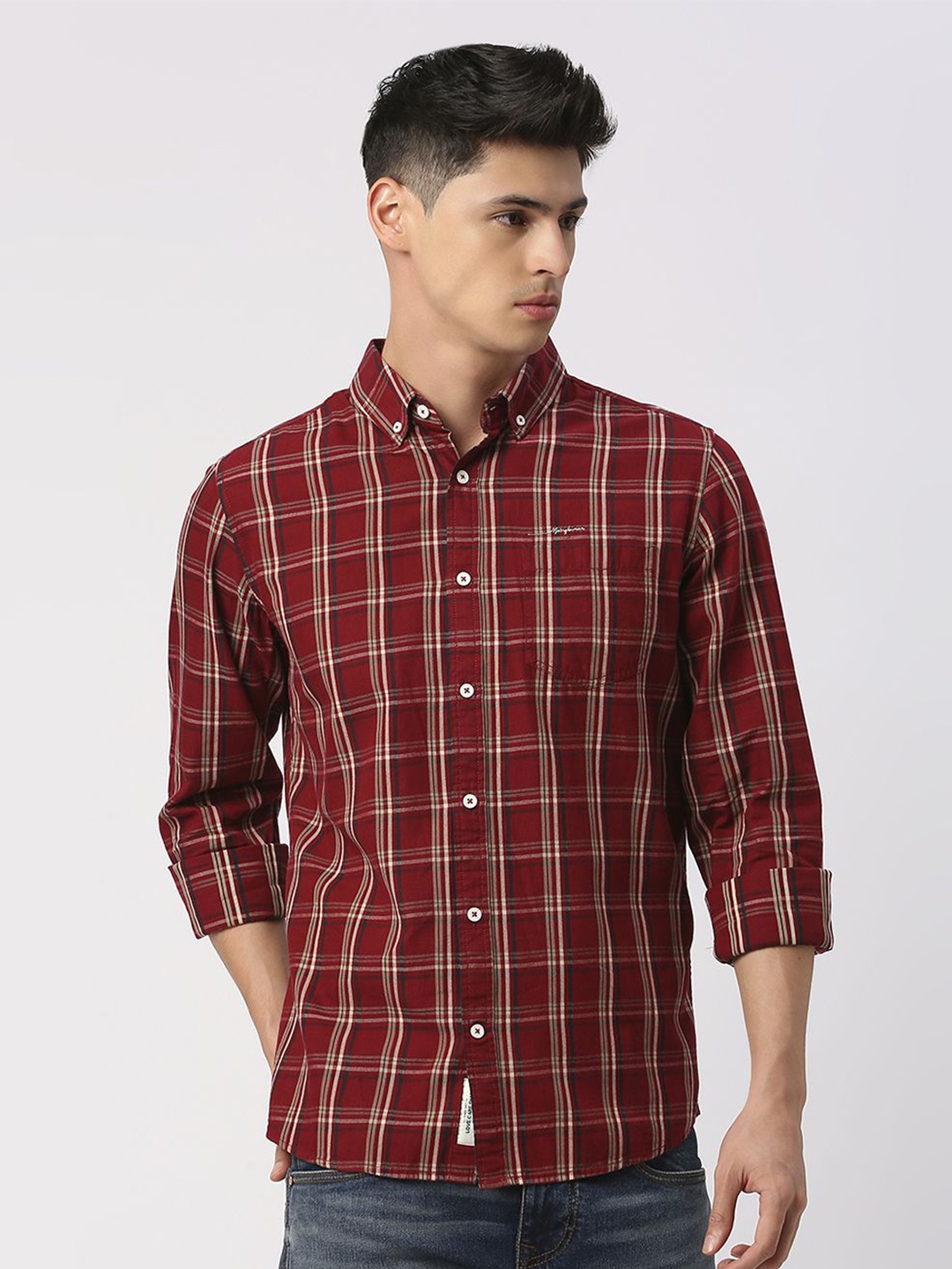 

Being Human Men Slim Fit Button-Down Collar Tartan Checks Opaque Checked Casual Shirt, Red