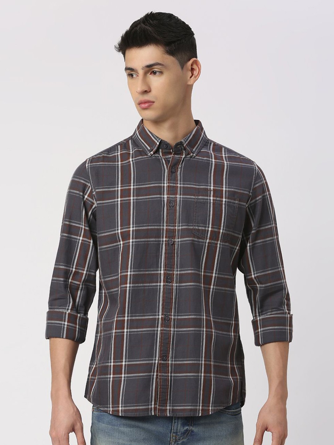 

Being Human Men Slim Fit Button-Down Collar Opaque Checked Casual Shirt, Brown