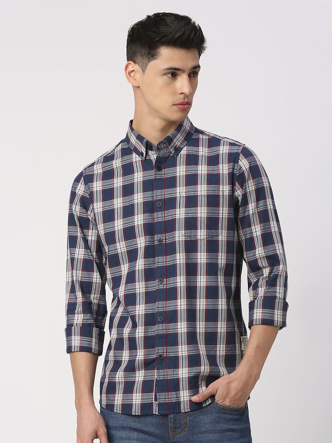 

Being Human Men Slim Fit Button-Down Collar Tartan Checks Opaque Checked Casual Shirt, White