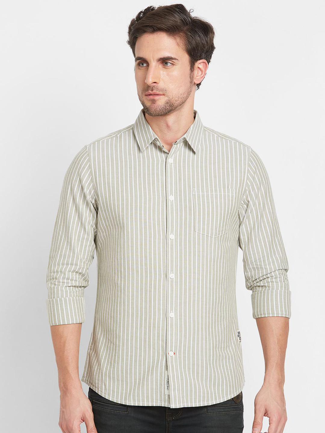 

Being Human Men Slim Fit Opaque Striped Casual Shirt, Green